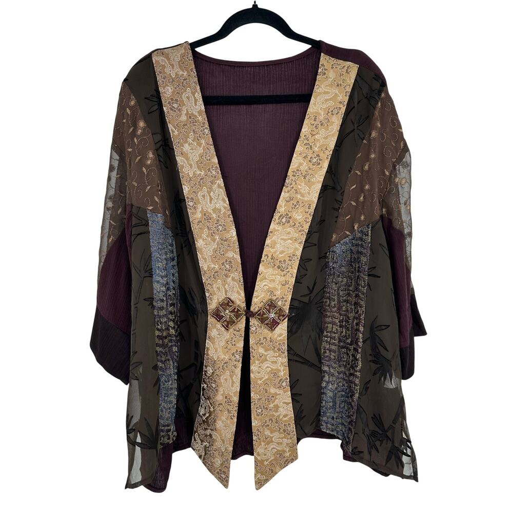 Vintage Spencer Alexis Silk Blend Kimono 3X Brown Gold Embroidered Boho Art Wear